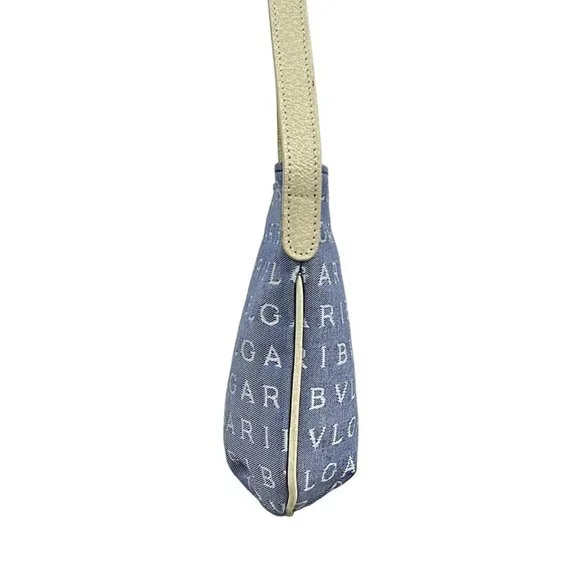 BVLGARI Logo Mania Light Blue Cream Jacquard Leather Shoulder Bag